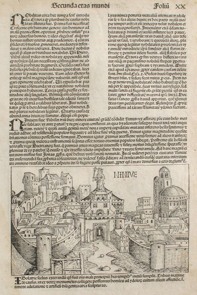 Item #21641 Ninevah in the Liber chronicarum- Nuremberg Chronicle, an individual page from the Chronicle featuring Ninive (NINEVAH) Plate No. XX. Hartmann Schedel, Michel Wolgemuth, Wilhelm Pleydenwurff, ills.