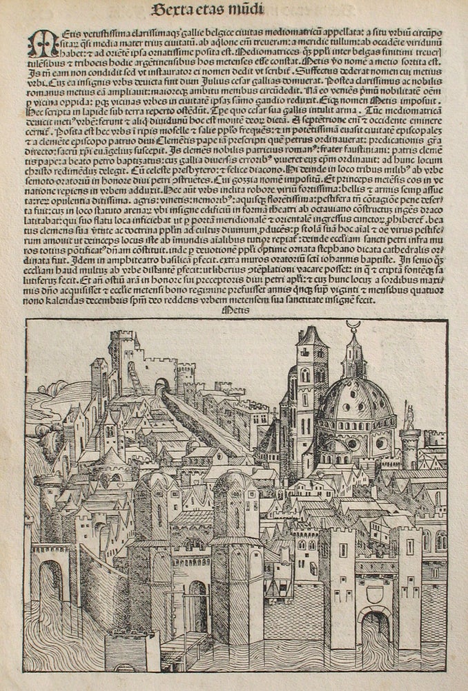Item #21642 Metz, France in the Liber chronicarum- Nuremberg Chronicle, an individual page from the Chronicle featuring Metis/Metz/Mediomatricus (France) Plate No. CX. Hartmann Schedel, Michel Wolgemuth, Wilhelm Pleydenwurff, ills.