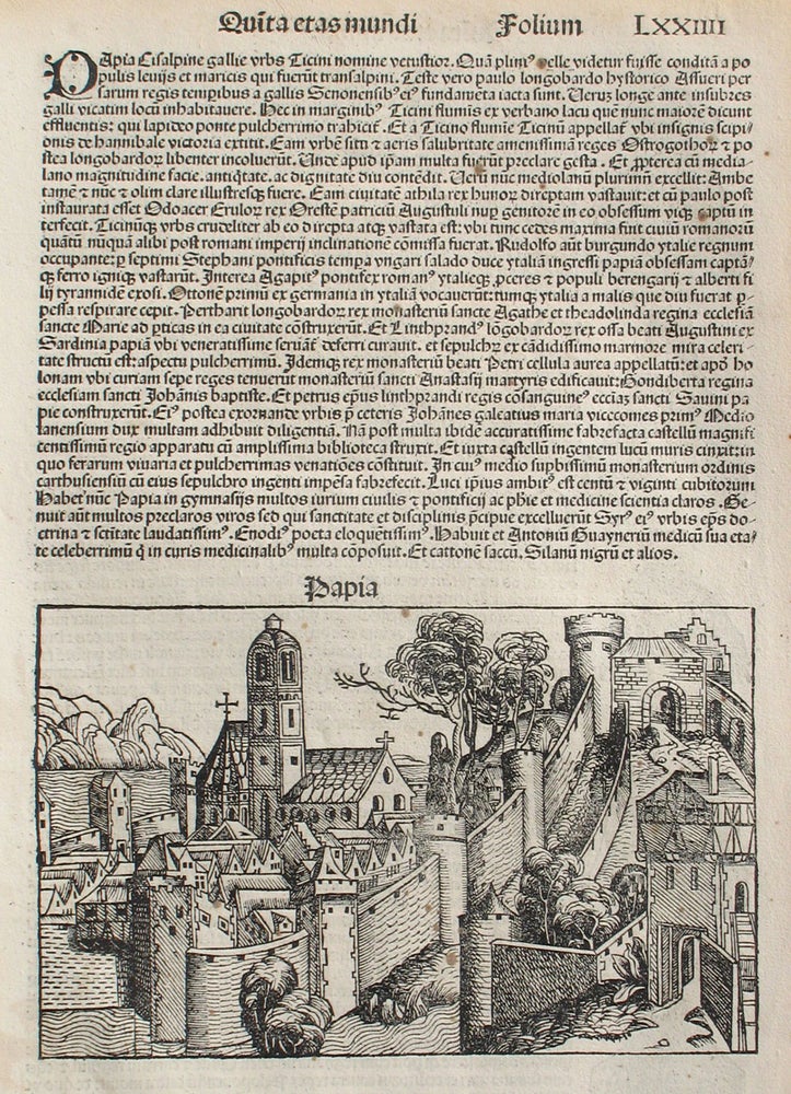 Item #21643 Pavia, Italy in the Liber chronicarum- Nuremberg Chronicle, an individual page from the Chronicle featuring Papia/Pavia, (Italy) Plate No. LXXIIII. Hartmann Schedel, Michel Wolgemuth, Wilhelm Pleydenwurff, ills.