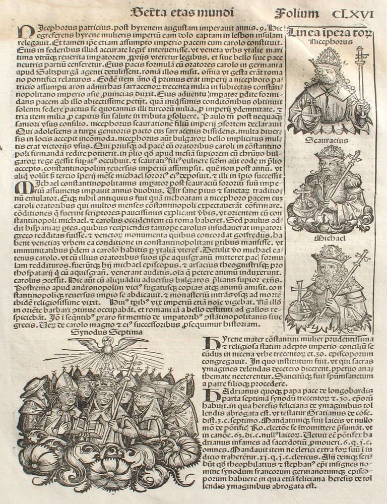 Item #21656 Liber chronicarum- Nuremberg Chronicle, an individual page from the Chronicle featuring description of the reigns of Irene, Nicephorus, Michael of Constantinople, Desiderius, Paul, Usuard, Alcuin, Plate No. CLXVI. Hartmann Schedel, Michel Wolgemuth, Wilhelm Pleydenwurff, ills.