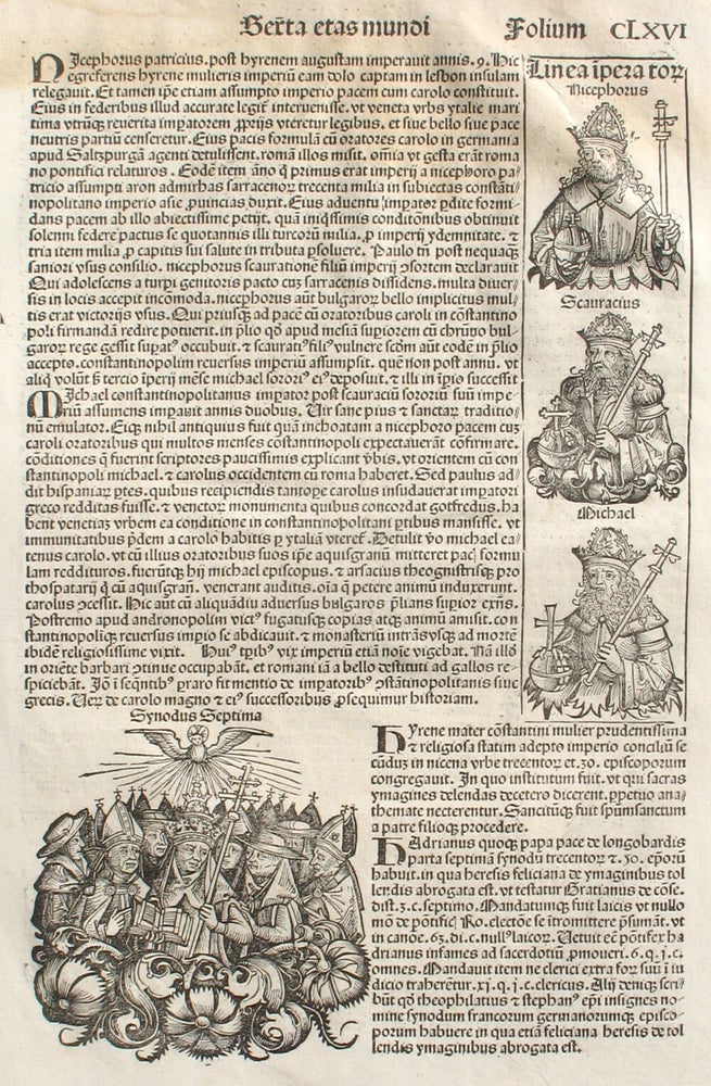 Item #21656 Liber chronicarum- Nuremberg Chronicle, an individual page from the Chronicle featuring description of the reigns of Irene, Nicephorus, Michael of Constantinople, Desiderius, Paul, Usuard, Alcuin, Plate No. CLXVI. Hartmann Schedel, Michel Wolgemuth, Wilhelm Pleydenwurff, ills.