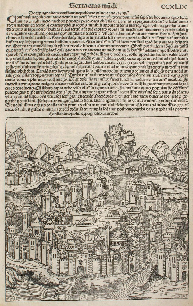 Item #21678 The Siege of Constantinople in the Year 1453, from the Nuremberg Chronicle. Woodblock. Hartmann Schedel, Michel Wolgemuth, Wilhelm Pleydenwurff, ills.