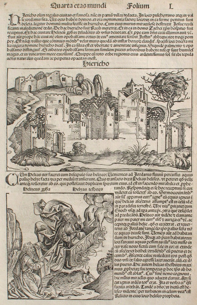 Item #21679 Liber chronicarum- Nuremberg Chronicle, an individual page from the Chronicle featuring the City of Jericho, the Ascension of Elijah and Priestly Lineage, Plate No. L. Hartmann Schedel, Michel Wolgemuth, Wilhelm Pleydenwurff, ills.