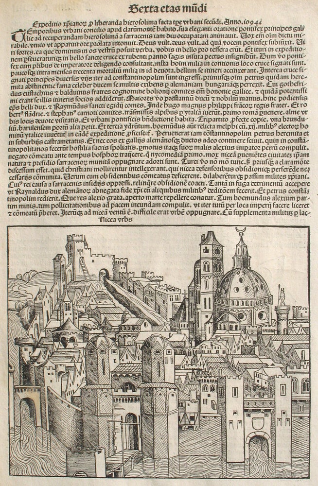 Item #21683 Liber chronicarum- Nuremberg Chronicle, an individual page from the Chronicle featuring Nicea or An Expedition for the Relief of Jerusalem Made in the time of Pope Urban the Second in the Year 1094., Plate No. CXCIIII. Hartmann Schedel, Michel Wolgemuth, Wilhelm Pleydenwurff, ills.