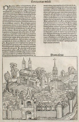 Item #21684 Damascus and Trier, from the Nuremberg Chronicle. Woodblock. Hartmann Schedel,...