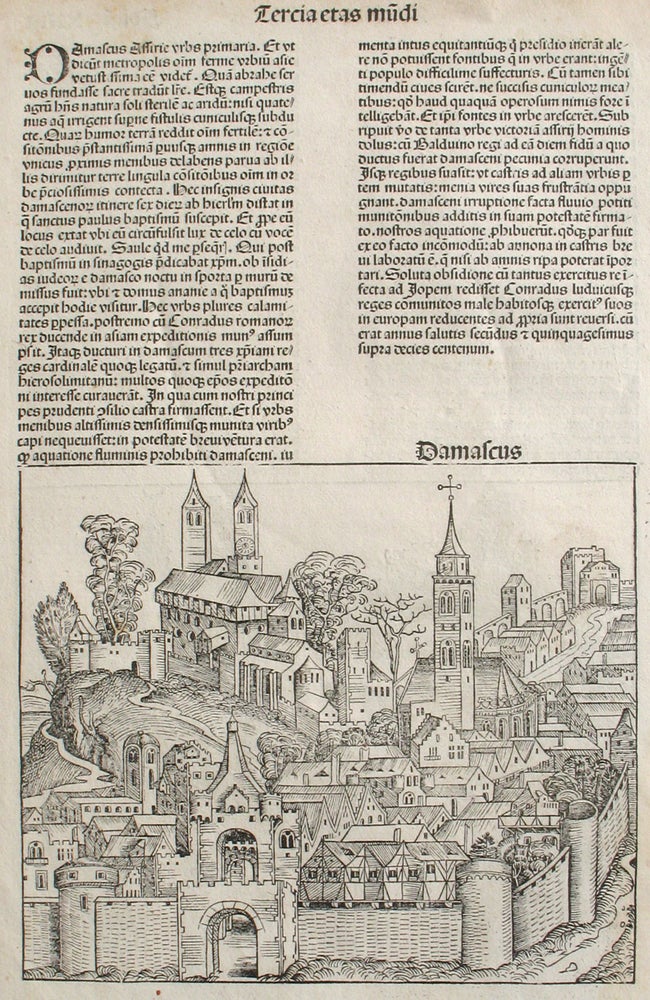 Item #21684 Damascus and Trier, from the Nuremberg Chronicle. Woodblock. Hartmann Schedel, Michel Wolgemuth, Wilhelm Pleydenwurff, ills.