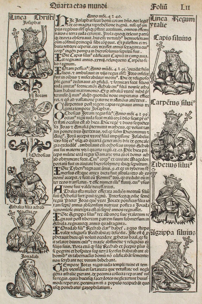Item #21686 Liber chronicarum- Nuremberg Chronicle, an individual page from the Chronicle featuring Lineage of Christ, Athaliah, Lineage of Italian and Israelite Kings, Plate No. LII. Hartmann Schedel, Michel Wolgemuth, Wilhelm Pleydenwurff, ills.