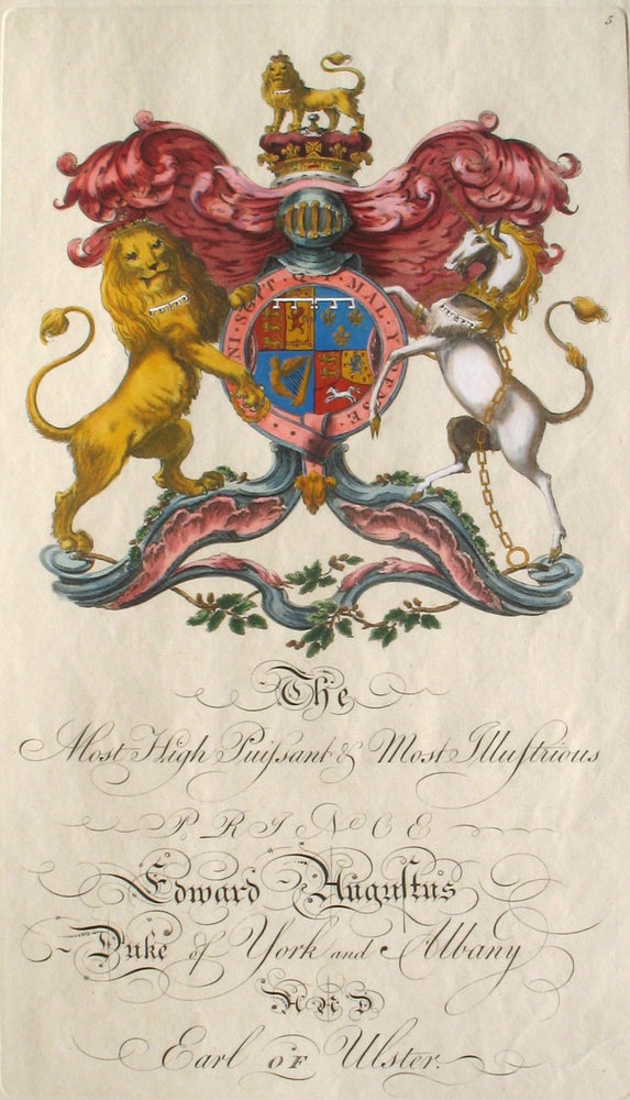 Item #21718 Family Crest of The Most High Puissant & Most Illustrious Prince Edward Augustus, Duke of York and Albany and Earl of Ulster. Sir William Segar, Joseph Edmondson, Augustus Family.