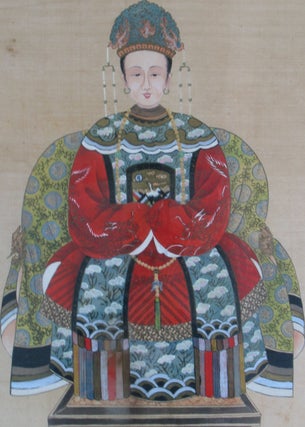 A Pair of Qing Dynasty Ancestor Portraits, the Court Official in deep blue robes, his wife in red.