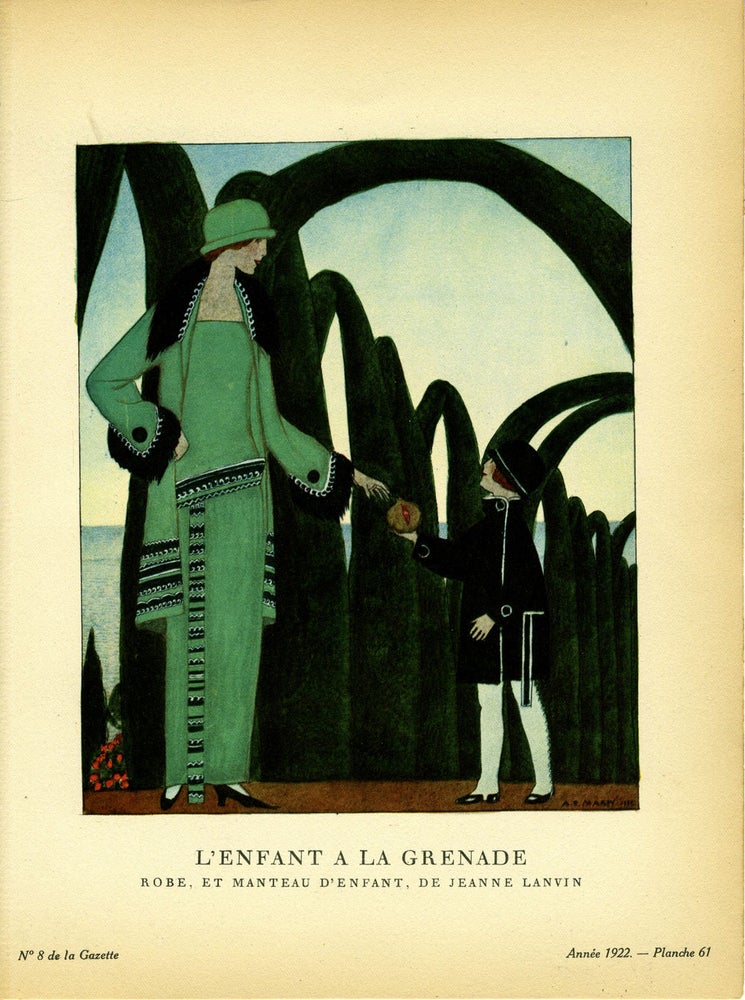 Item #21805 L'Enfant a la Grenade; Robe, et Manteau d'enfant, De Jeanne Lanvin. Print from the Gazette du Bon Ton. Jeanne Lanvin.