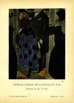 Item #21828 Appelez Urbain de l'Avenue du Bois, Manteau du soir, de Beer; Print from the Gazette...