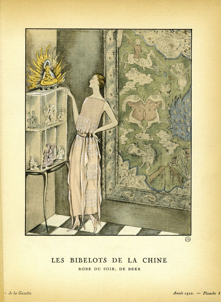 Item #21829 Les Bibelots de la Chine, Robe du soir, de Beer; Print from the Gazette du Bon Ton. Beer.