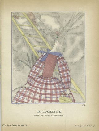 Item #21834 La Cueillette, Robe en Toile a Carreaux; Print from the Gazette du Bon Ton. Georges...