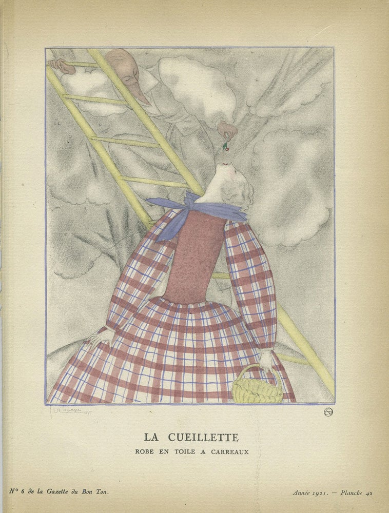 Item #21834 La Cueillette, Robe en Toile a Carreaux; Print from the Gazette du Bon Ton. Georges Lepape.