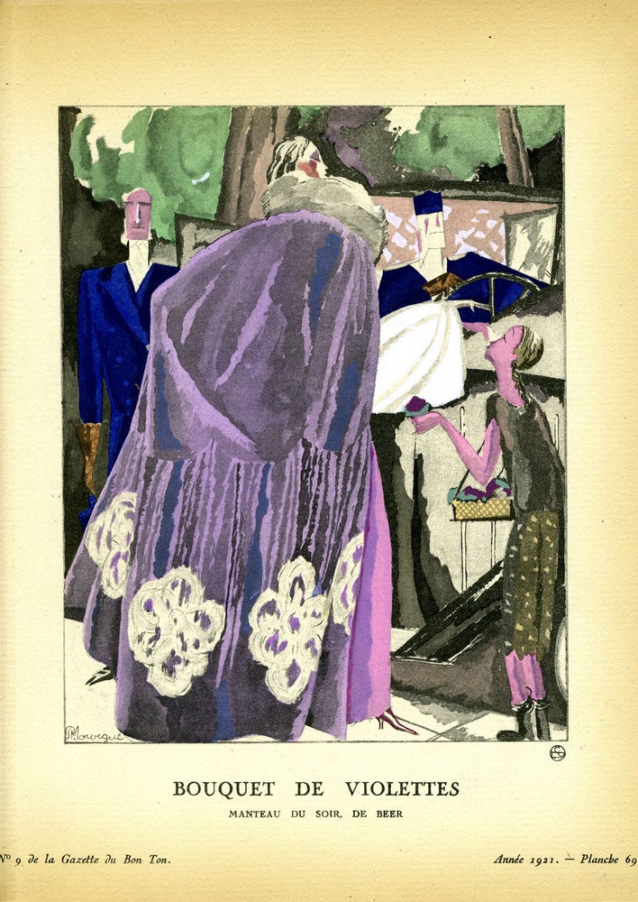 Item #21835 Bouquet de Violettes, Manteau du soir, de Beer; Print from the Gazette du Bon Ton. Beer.
