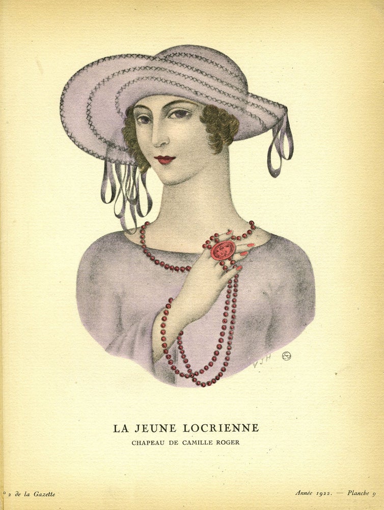 Item #21839 La Jeune Locrienne. Chapeau, de Camille Roger; Print from the Gazette du Bon Ton. Camille Roger.