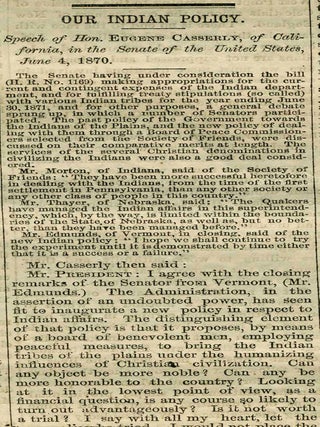 New York Observer: the new Peace Policy toward Native Americans in a speech by California Senator Eugene Casserly, June 1870.