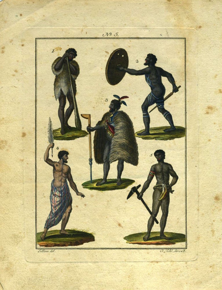 Item #21977 Hand colored engraving with 5 figures of South Pacific natives and an Australian Aborigine, after an image in Parkinson's Journal of a Voyage to the South Seas. Australian Aborigines.