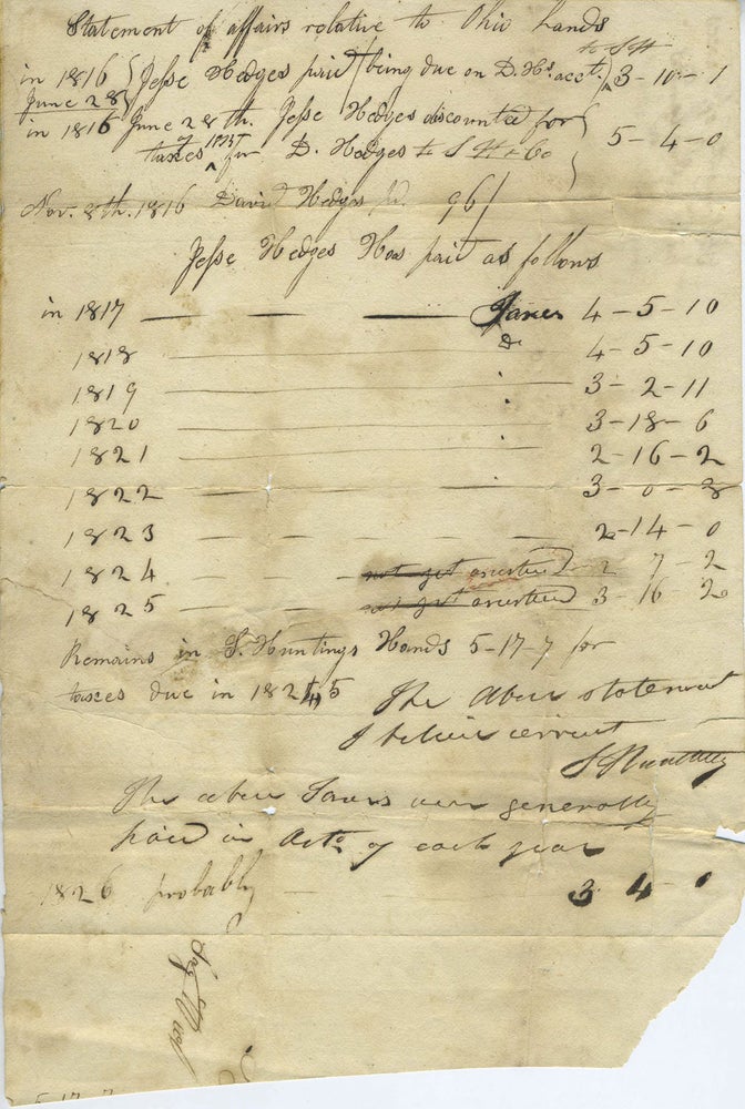 Item #22049 Manuscript document recording taxes paid 1816 - 1825 in British currency, for land in Ohio.