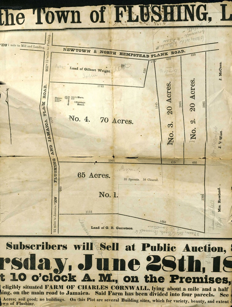 Item #22057 1829 Land Sale Indenture with Subsequent Auction Broadside, ca. 1860. N. Y. Real Estate Broadside Queens.