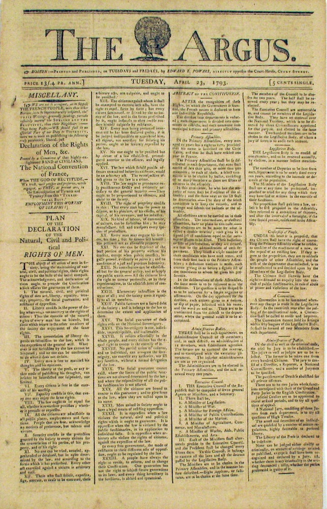 Item #22076 The Constitution of France 1793 in the Argus, Boston, April 23, 1793.