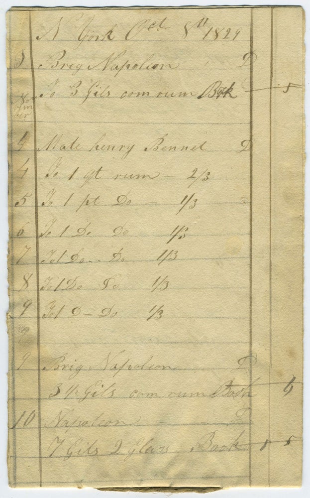 Item #22081 1829 New York City Rum Merchant ledger: sales of rum to brig "Napoleon"