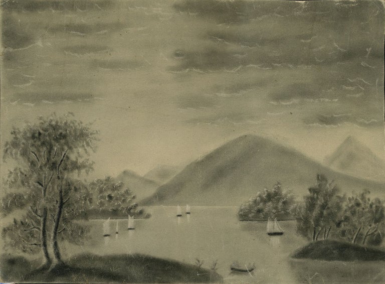 Item #22097 Hudson River School Charcoal on Sand Paper Painting.