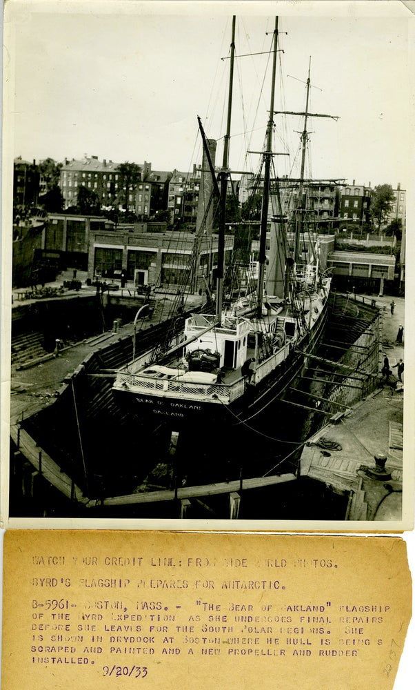 Item #22137 Pair of publicity photographs: Byrd Second Antarctic Expedition: Byrd's Flagship "Bear of Oakland" prepares for Antarctic [with] ship returns from Antarctic. Richard Byrd.