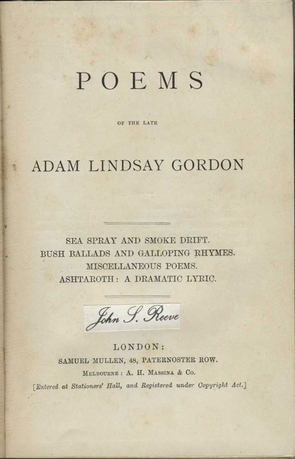 Poems of the Late Adam Lindsay Gordon | Adam Lindsay Gordon | First ...