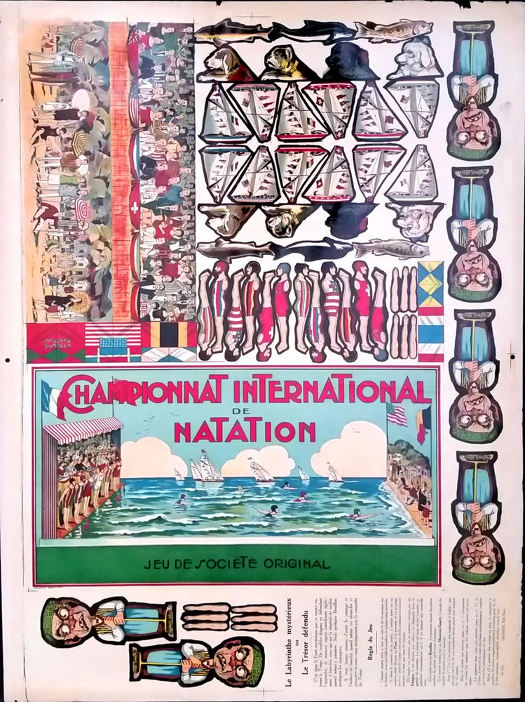 Item #22166 Championnat International de Natation, Jeu de Societe Original - original chromolithograph printers proof of French game. Swimming race game.