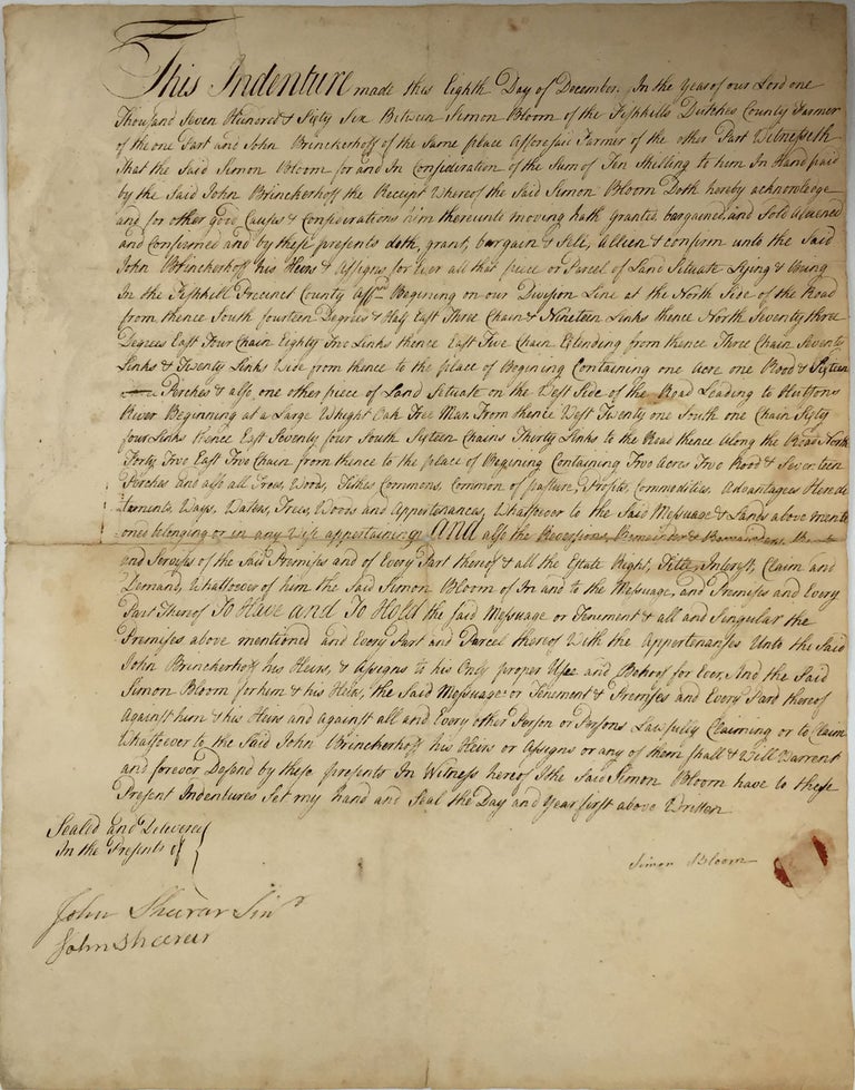 Item #22189 Manuscript Indenture for land bought by John Brinckerhoff. John Brinckerhoff, Simon Bloom.