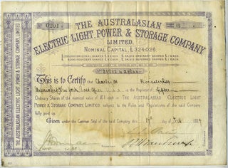 Item #22258 Australasian Electric Light, Power & Storage Company Share Certificates 1887