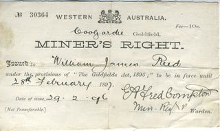 Item #22306 Miner's Right issued to William James Reed, Coogardie (sic) Goldfield, Western...