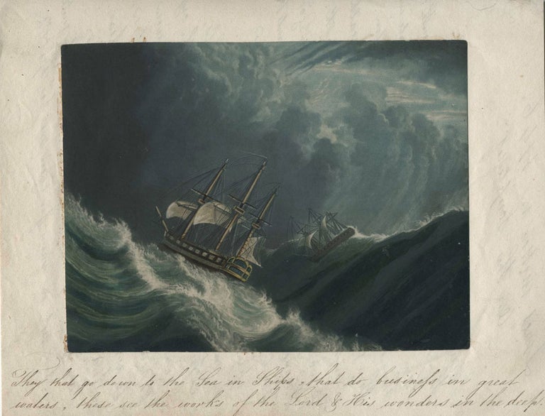 Item #22359 Aquatint of storm-tossed ships with manuscript caption.