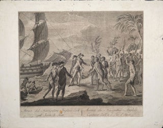Item #22434 Arrivo del navigatore inglese Cook all'isola di Taiti. Arrivee du navigateur anglois...