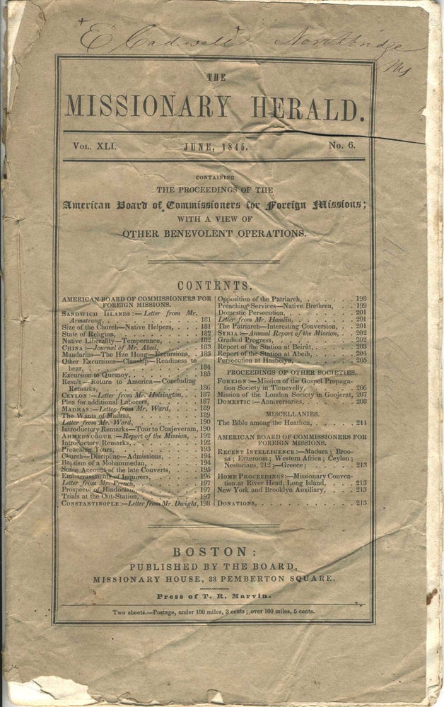 Item #22437 The Missionary Herald, Vol. XLI, No. 6, June 1845. Containing the Proceedings of the American Board of Commissioners for Foreign Missions.