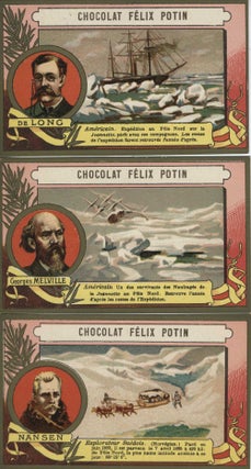 Item #22519 Chocolat Felix Potain cards featuring Three Unusual Explorers: DeLong, Melville and...