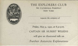 Item #22700 The Explorers Club invitation card for an '...illustrated talk on Further Antarctic...