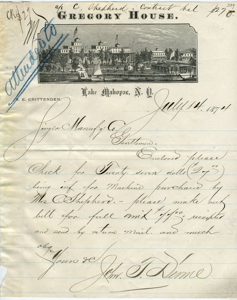 Item #22714 Gregory House, Lake Mahopac, NY: Illustrated Letterhead. N. Y. Mahopac.