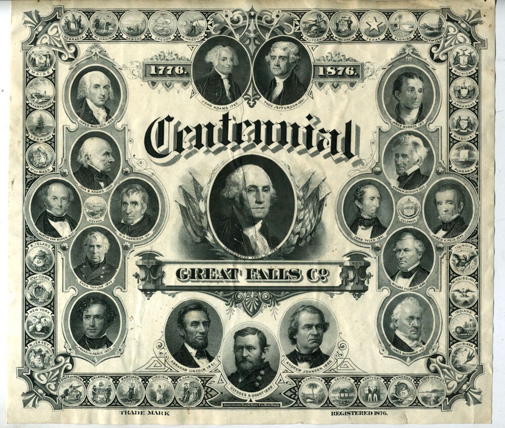 Bank Note Engaving Bank Note Engraving: Centennial, Great Falls Co. 1776-1876 Trade Mark