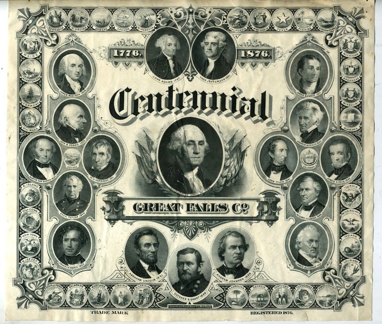 Item #22758 Bank Note Engraving: Centennial, Great Falls Co. 1776-1876 Trade Mark.