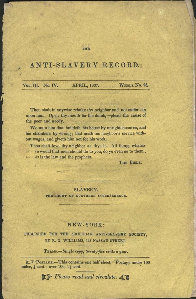 Item #22789 The Anti-Slavery Record: "Slavery. The Right of Northern Interference" R. G. Williams, pub.