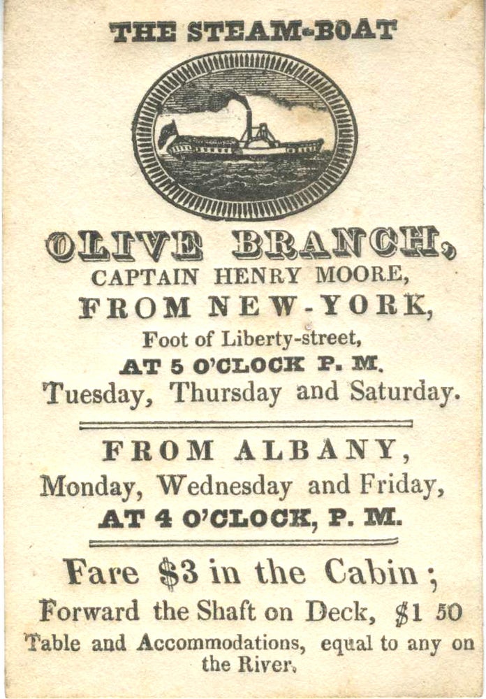 Item #22837 Olive Branch - Trade Card. Hudson River, Robert R. Livingston, Robert Fulton Jr.
