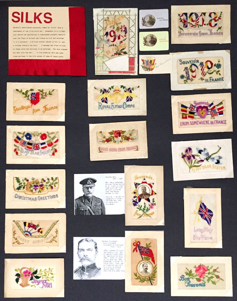 Item #22839 Collection of unusual World War I French Silk postcards, including two portrait silks of General Haig and Lord Kitchener. WWI, Douglas Haig, Kitchener.