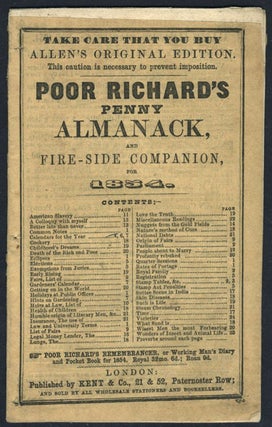Item #22930 Poor Richard's Penny Almanack, and Fire-Side Companion for 1854 - "Nuggets from the...