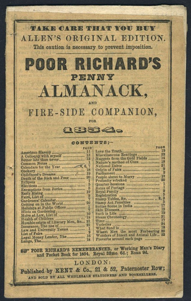 Item #22930 Poor Richard's Penny Almanack, and Fire-Side Companion for 1854 - "Nuggets from the Australian Gold Fields" Australia.