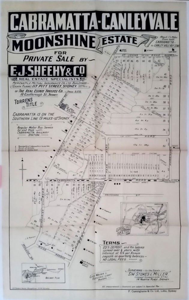 Item #23130 Cabramatta-Canley Vale Moonshine Estate for Private Sale by E.J. Sheehy & Co. Land subdivision poster.