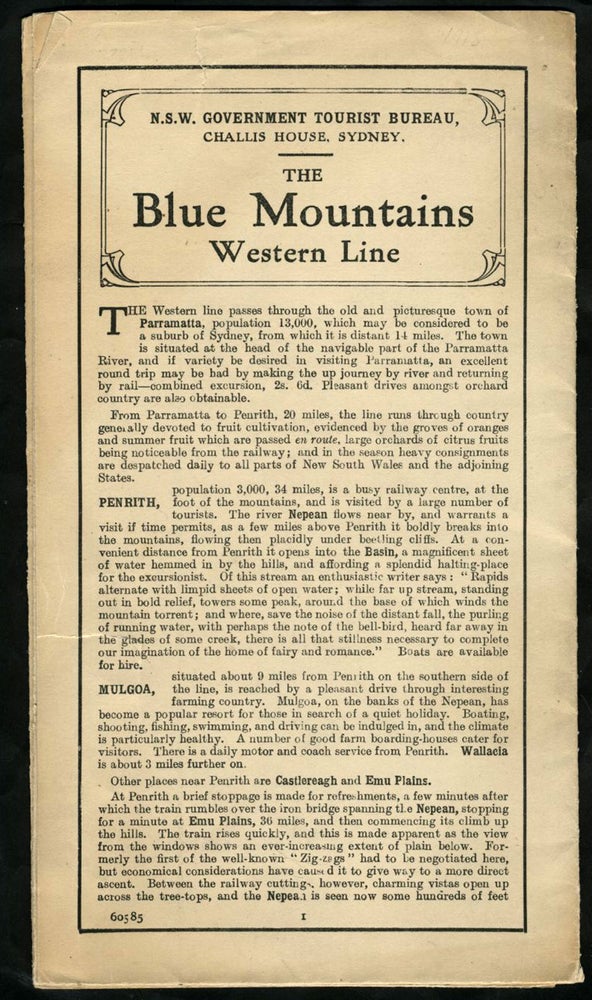 Item #23246 Tourist's Sketch Map, Penrith to Eskbank, Blue Mountains, New South Wales, Australia. with The Blue Mountains Western Line text printed on the verso. New South Wales Government Tourist Bureau.