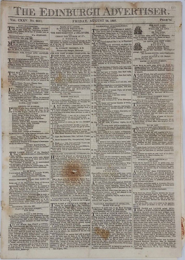 Item #23251 "New Settlement in Bass's Straits", in The Edinburgh Advertiser, August 24, 1827. Bass's Straits.