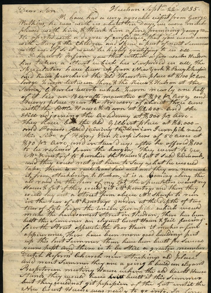 Item #23271 Manuscript letter to son seeking his help with "French land Claim" William Ashley.